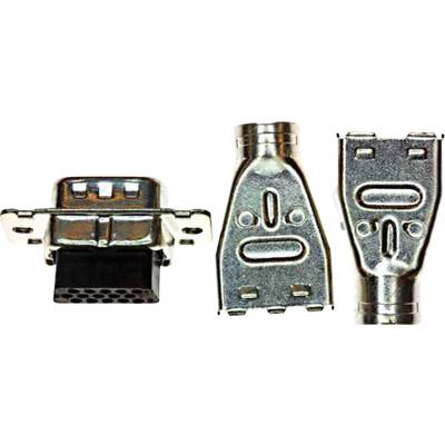 Three different views of a D-sub connector: front view with pins, rear view, and side view with metallic cover.