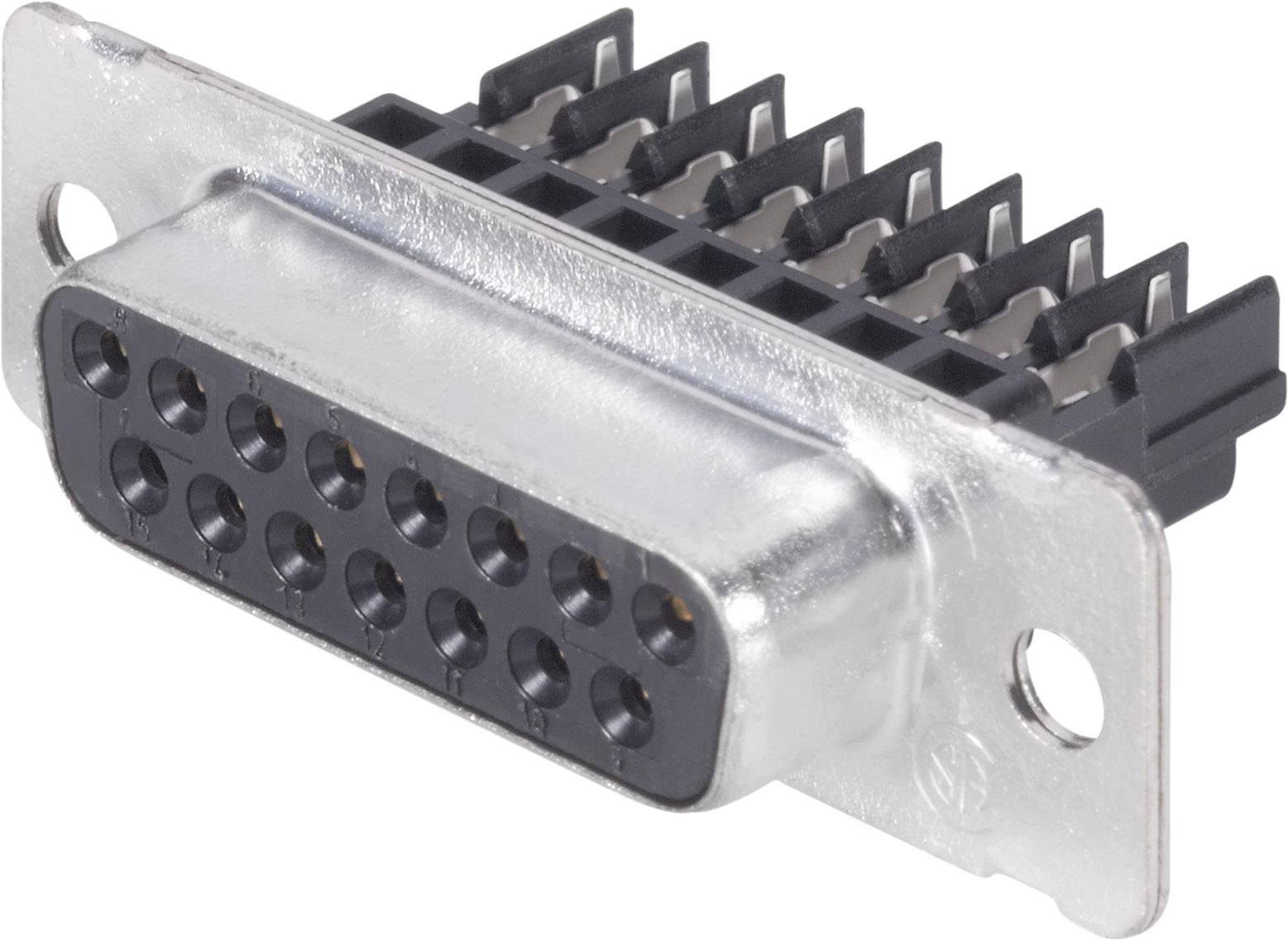 A 15-pin D-sub plug with a silver housing and black contacts, typically used for electronic connections.