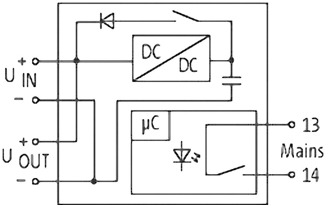 Circuit diagram of a direct current converter, microcontroller, and LED, showing connections between input and output.
