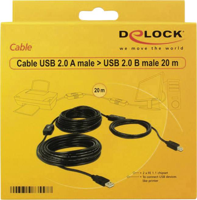 Yellow packaging of a USB 2.0 cable, 20 m long, with male A to male B plug. Pictured: Cable and application example.