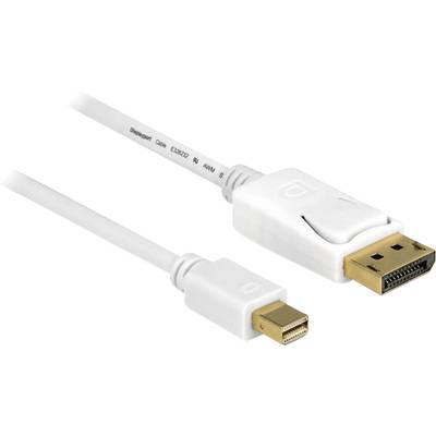 A white DisplayPort cable with a Mini DisplayPort plug on one side and a DisplayPort plug on the other.