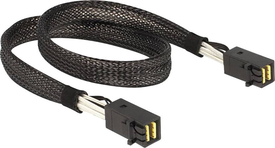 'A black USB cable with a braided sleeve and connectors at each end.'