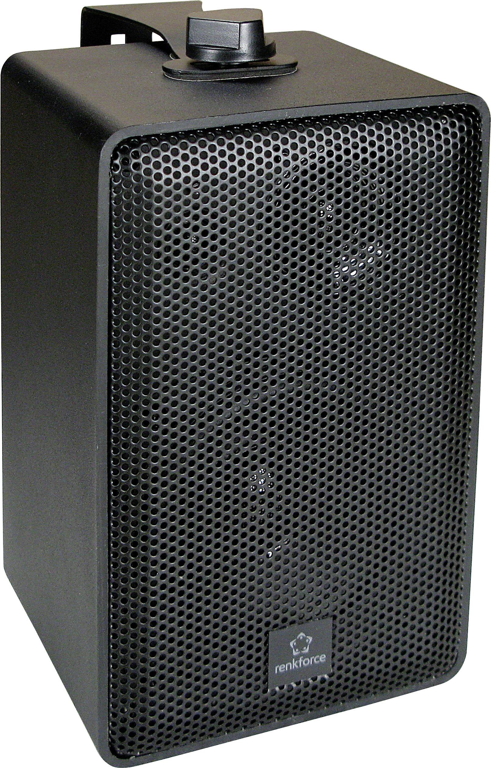 Black speaker with grille cover, rectangular shape and a brand badge at the bottom. Suitable for indoor or outdoor use.