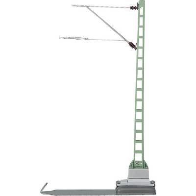 A green plastic overhead line pole on a grey base, for model railway landscaping.