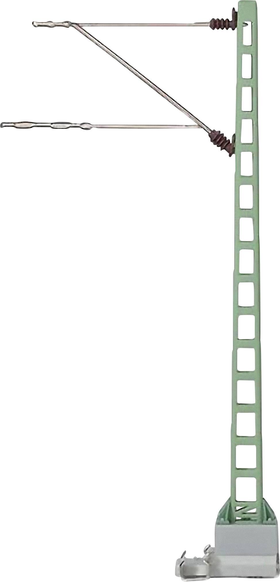 A green model overhead line pylon with two horizontal arms for suspending overhead wires, stands on a grey base.