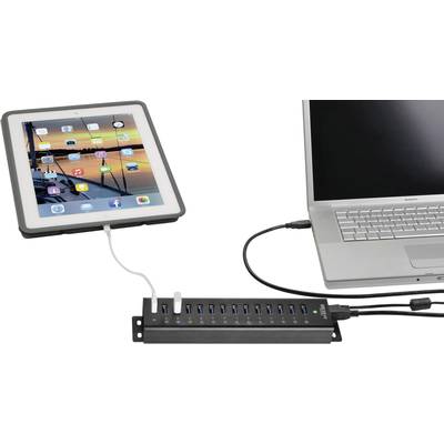 A laptop and a tablet are connected via a USB hub with multiple USB ports. The tablet displays various app icons.