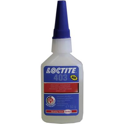 A bottle of Loctite 403 instant adhesive with a blue cap and red label. Contains 50 g of adhesive for rapid bonding.