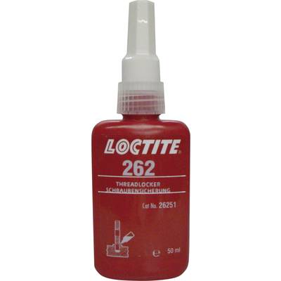 Red bottle with threadlocking adhesive 'Loctite 262', 50 ml. Suitable for securing screws to prevent loosening.