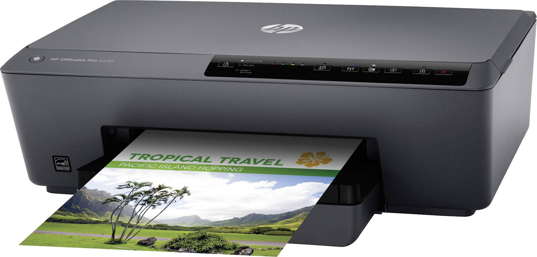 A black HP printer is printing a colour document with the heading 'Tropical Travel' and an image of palm trees and mountains.