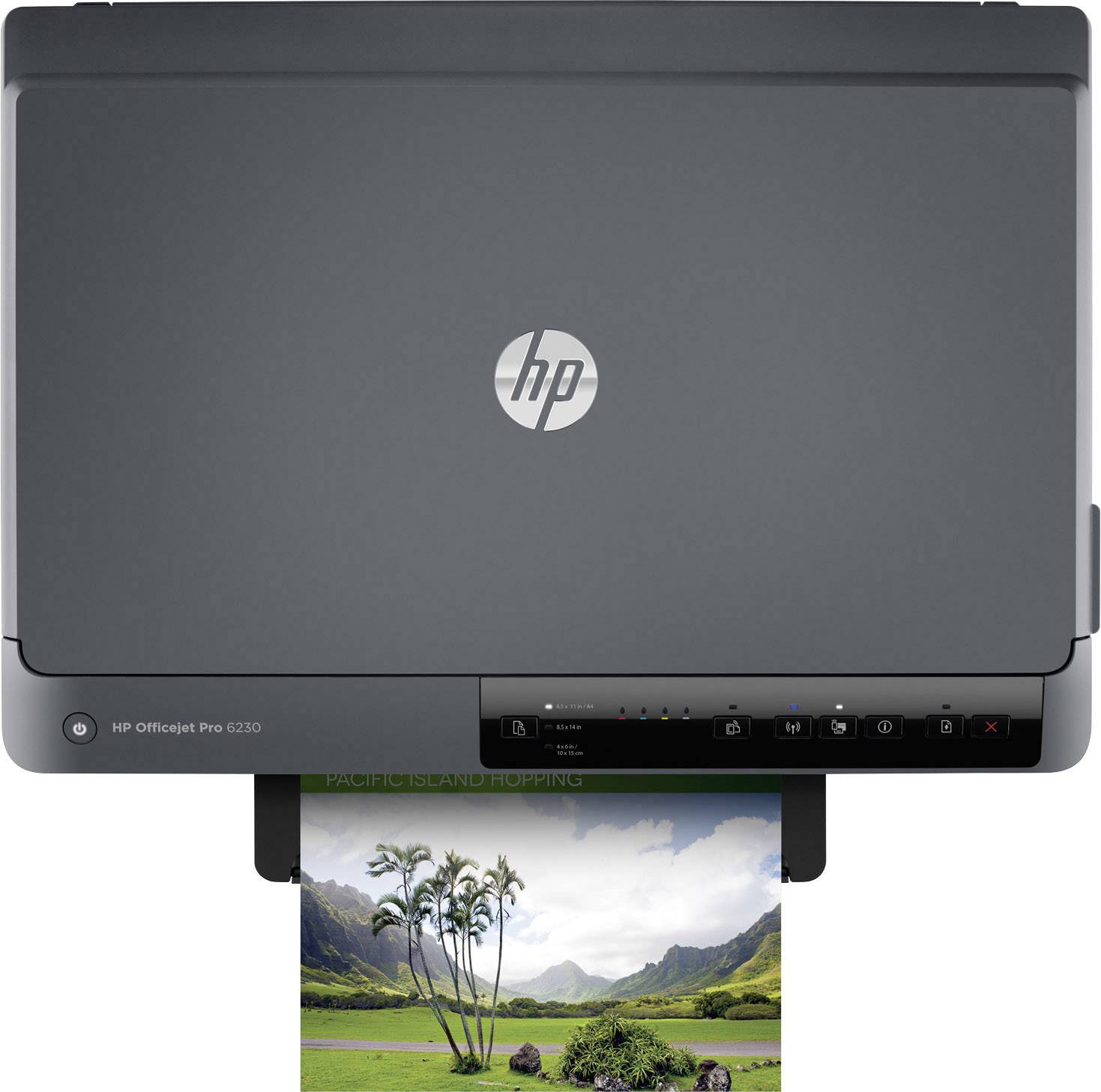 A printer is printing a photo of a tropical landscape with palm trees, mountains, and a green meadow. Model: HP OfficeJet Pro 6230.