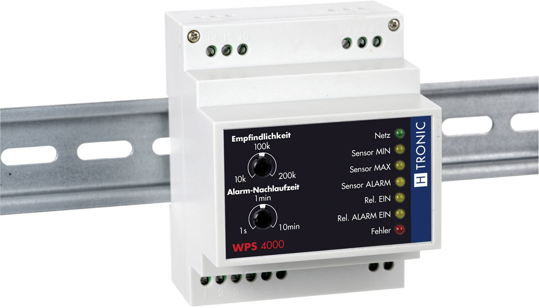 An electronic device with labelling 'Sensitivity', 'Alarm Delay Time', and LED indicators for mains power, sensor, and alarm status.
