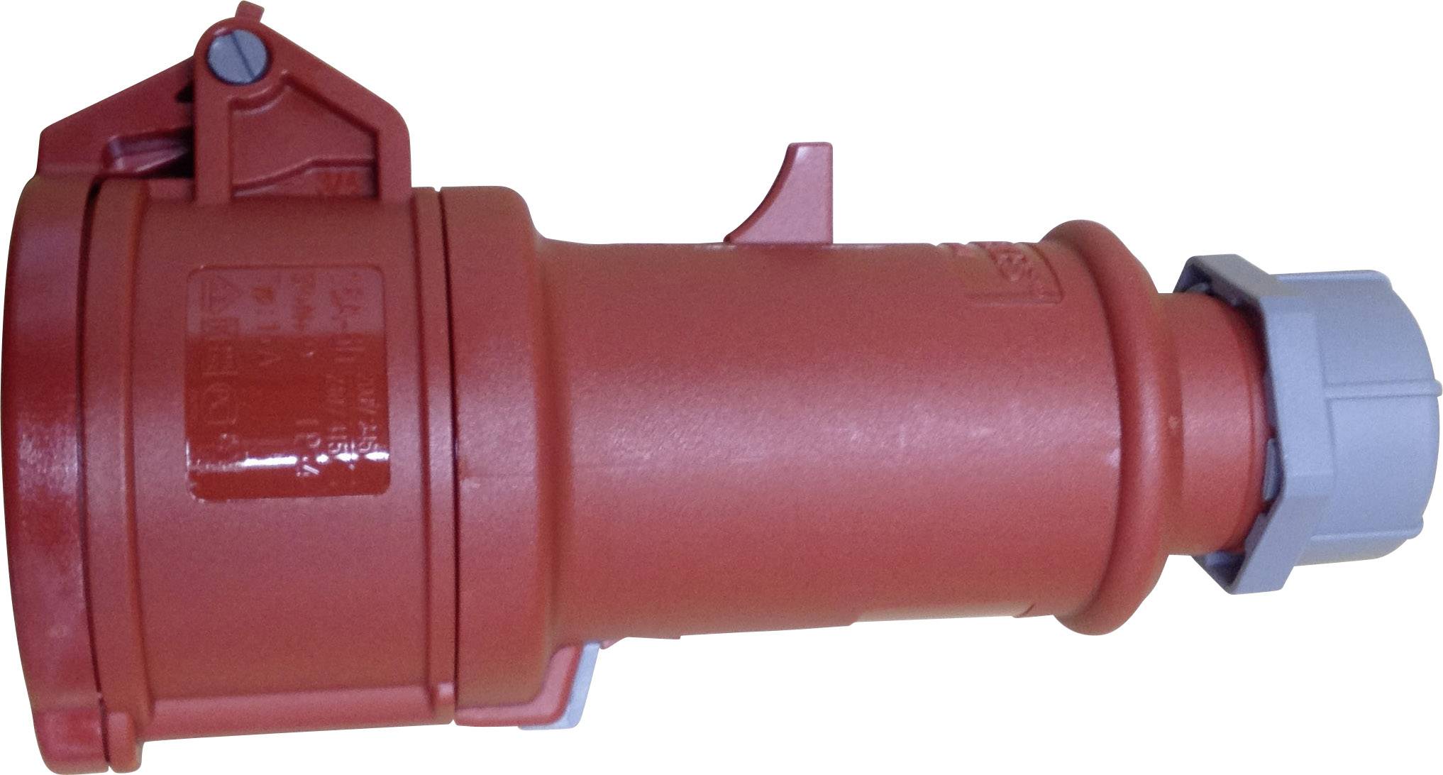 Red industrial plug with grey screw fitting, positioned sideways. Suitable for heavy electrical applications.
