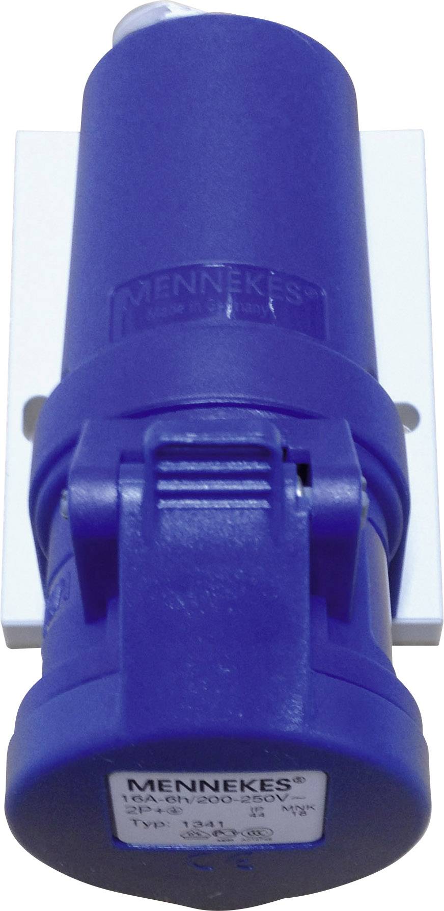 A blue Mennekes plug on a white wall mount. The plug is suitable for 380V.