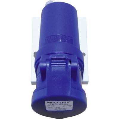 A blue Mennekes plug on a white wall mount. The plug is suitable for 380V.