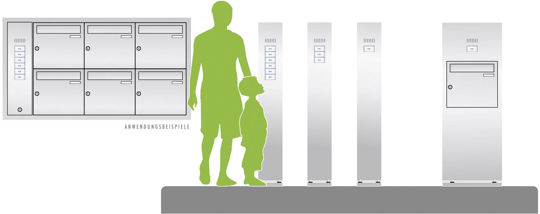 A person and child are examining silver letterbox systems of varying heights. On the left, a wall-mounted unit with six compartments.
