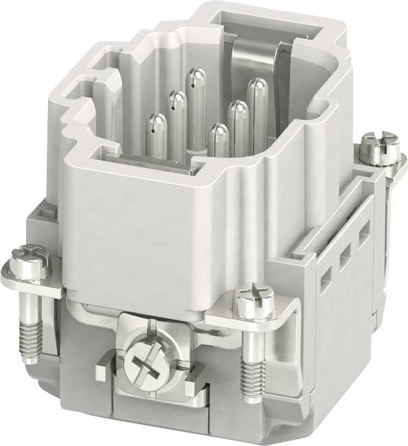 Grey industrial multi-contact metal connector with screw fixings, suitable for machinery and electrical applications.