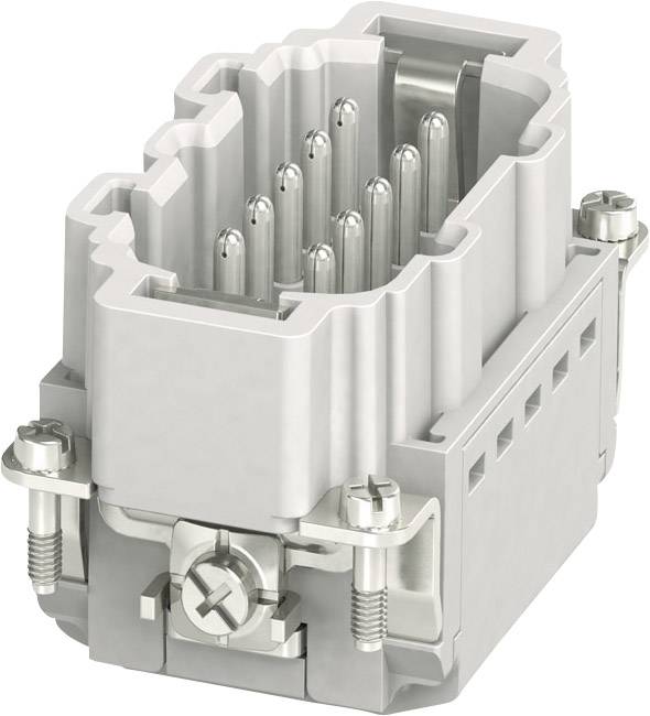 A grey, rectangular connector with multiple metal pins and side screws for fastening.