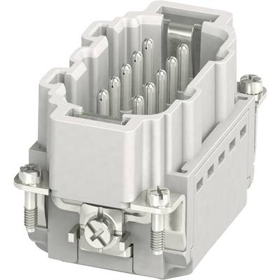 A grey, rectangular connector with multiple metal pins and side screws for fastening.