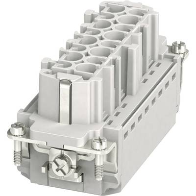 Grey electrical connector with multiple circular sockets, enclosed in a rectangular housing, suitable for industrial applications.