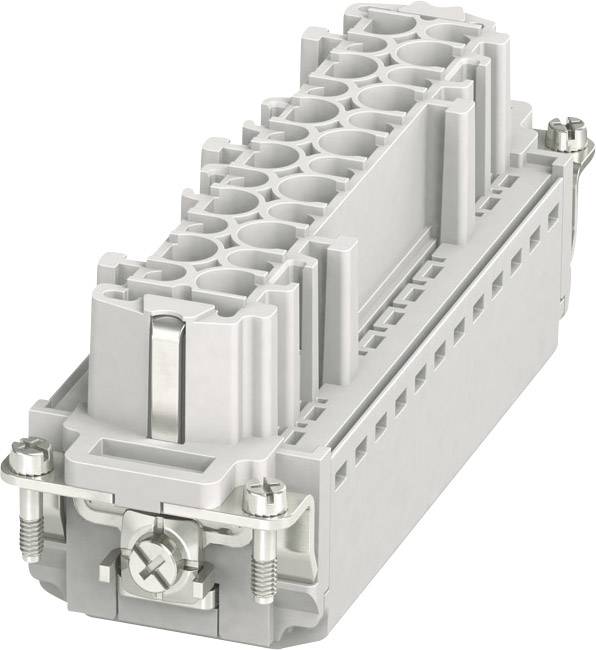 A grey, rectangular component with multiple slots and metal clips, apparently used for electrical connection or mounting.
