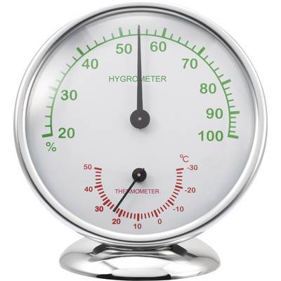 Analogue hygrometer and thermometer with coloured scales. Pointer indicates 50% relative humidity and 20°C temperature.
