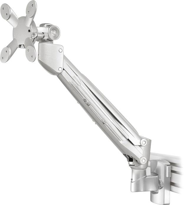 Metal swing arm for monitors. Mounting mechanism visible. Adjustable joints allow flexible wall positioning.