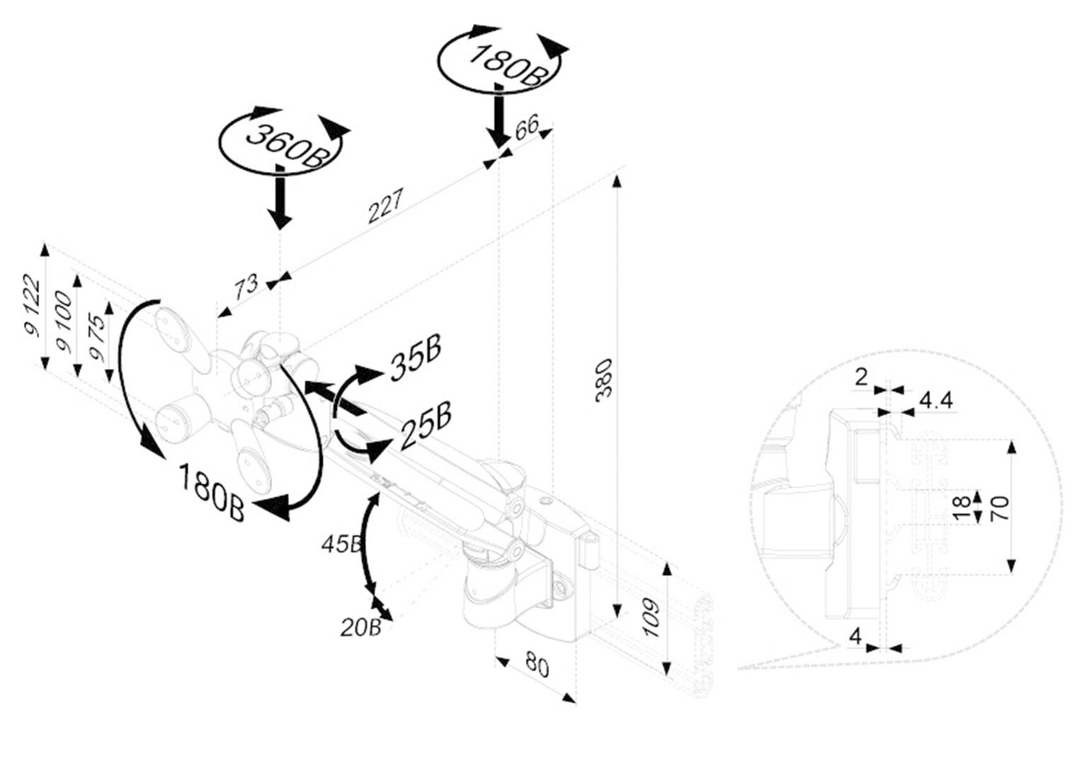 Diagram of a swivel arm with detailed measurements. Main components are 180-degree rotation range, 360-degree pivot range, and length.
