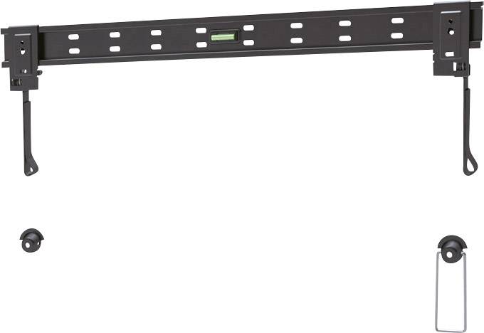 A black, horizontal TV wall mount with holes and built-in spirit level. Suitable for mounting a television on a wall.