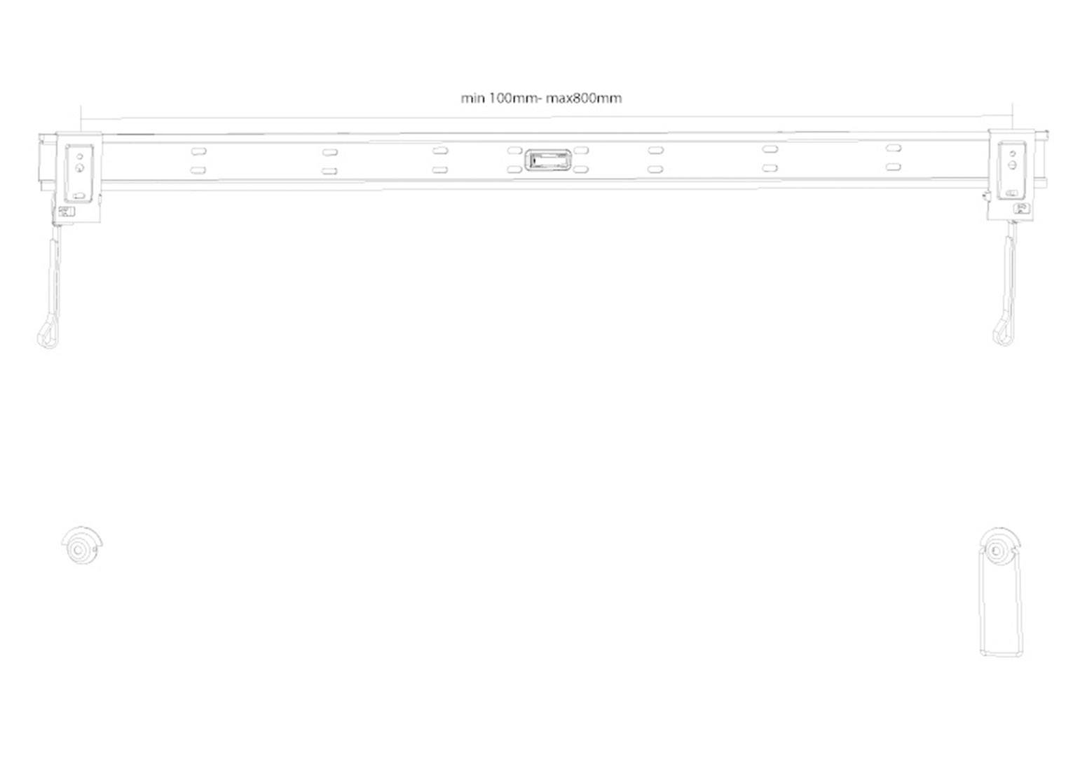 A technical drawing of an adjustable wall bracket, showing various hole positions and spacings from 100 mm to 800 mm.