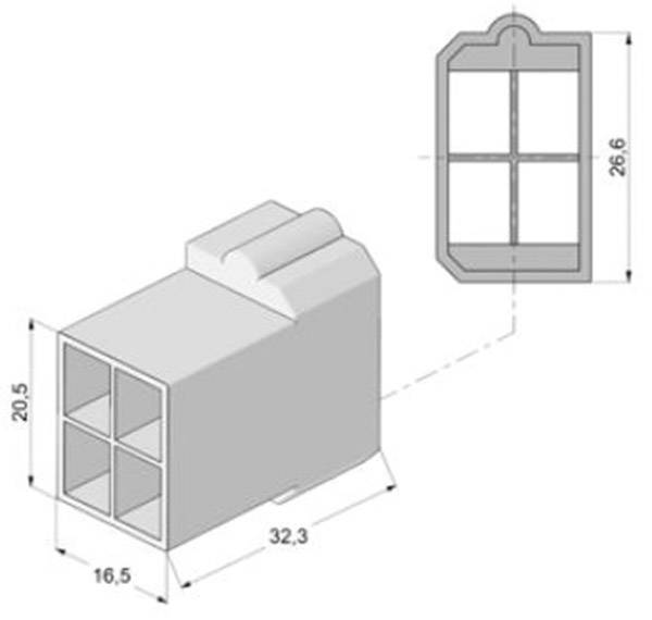 Technical drawing of a plug with dimensions: Length 32.3 mm, Height 20.5 mm, Width 16.5 mm; Cross-section: Height 26.6 mm.
