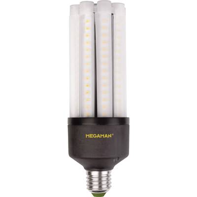 A black Megaman LED lamp with multiple illuminated strips. Energy-efficient lighting solution.