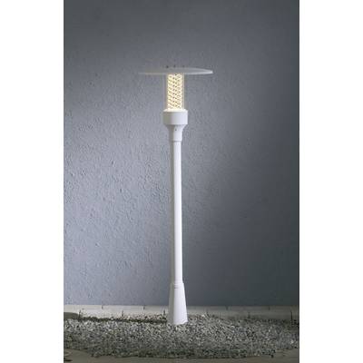 White garden lamp on gravel ground in front of a grey wall, with modern design and glowing LED light in the centre, for outdoor use.