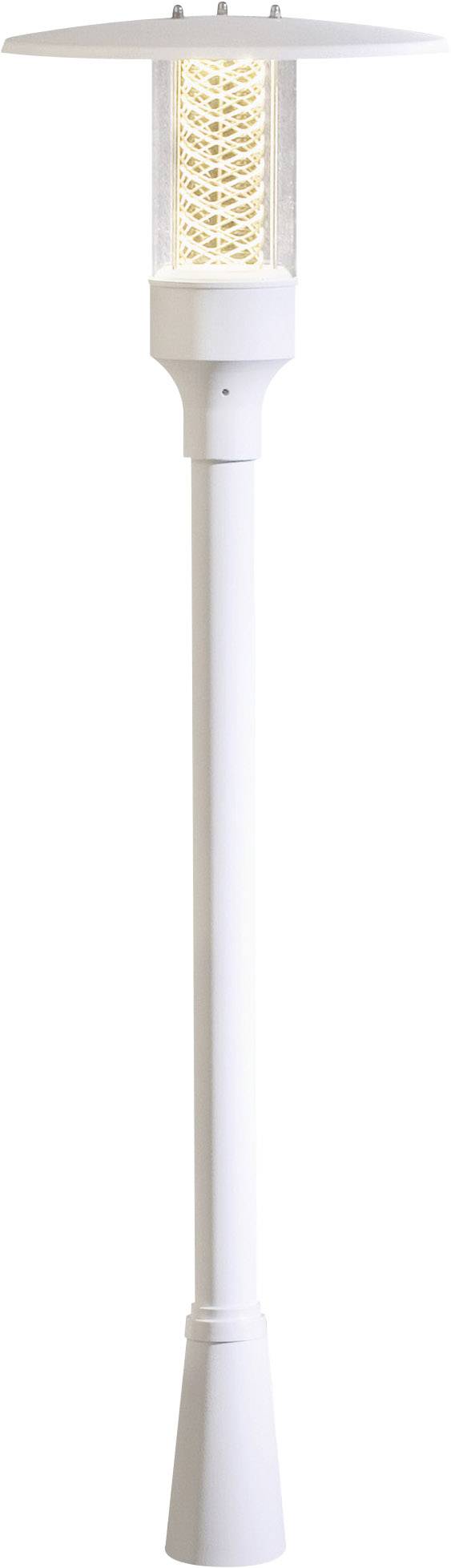 White, modern floor lamp with cylindrical glass shade and warm LED light. Suitable for outdoor areas.