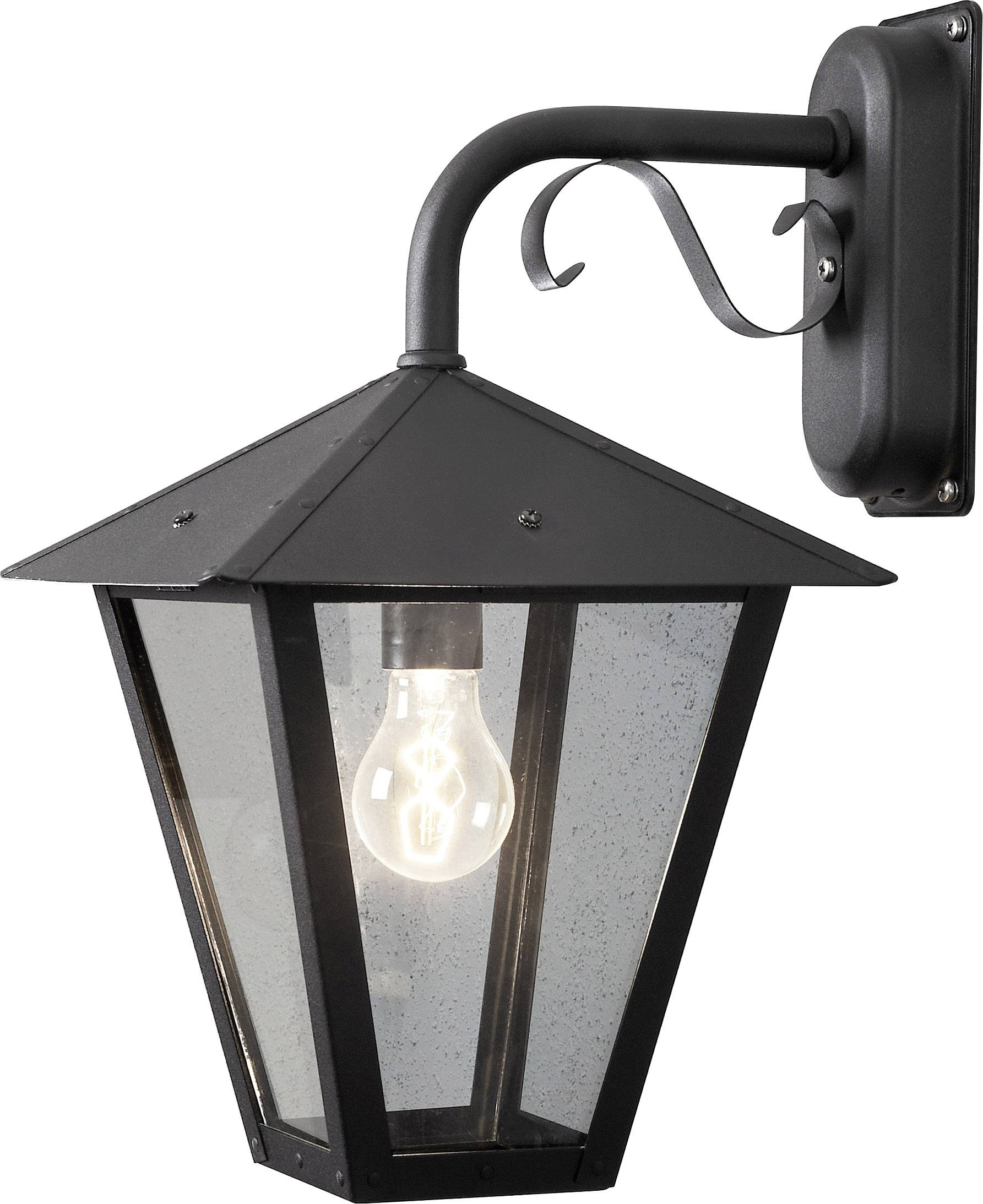 Black outdoor wall light with glass panels and visible bulb, wall-mounted, suitable for exterior lighting.