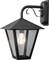Black outdoor wall light with glass panels and visible bulb, wall-mounted, suitable for exterior lighting.