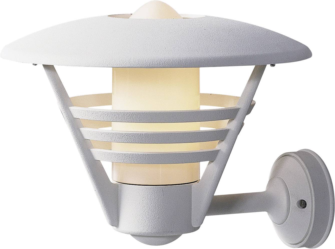White exterior wall light with protective metal rings surrounding the illuminating glass. Modern, functional design for outdoor lighting.