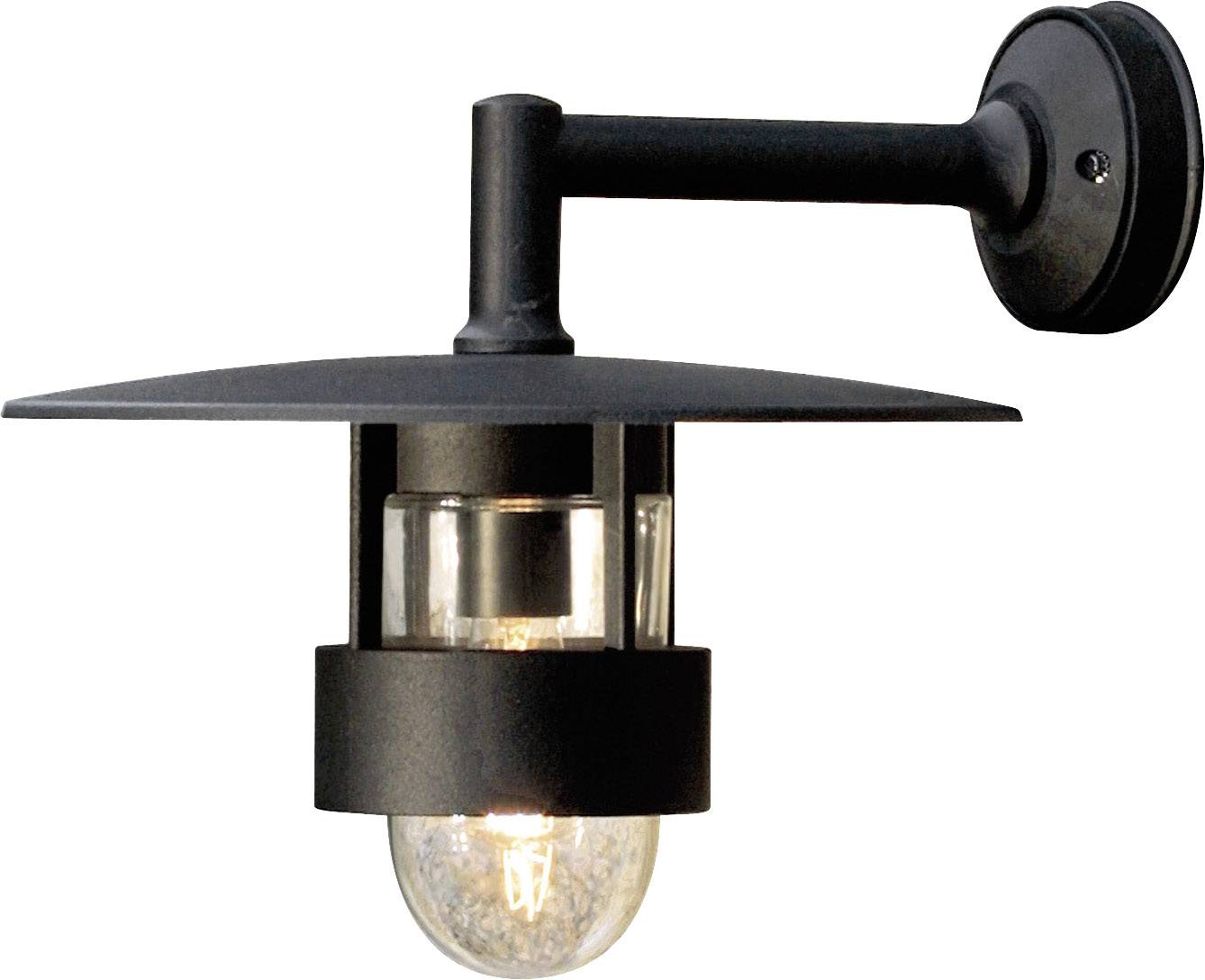 Black outdoor wall light with clear glass dome, emitting a warm light. Ideal for illuminating entrances or patios.