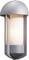 Silver outdoor wall light with a round, modern design. The lamp emits a warm light and is suitable for wall mounting.