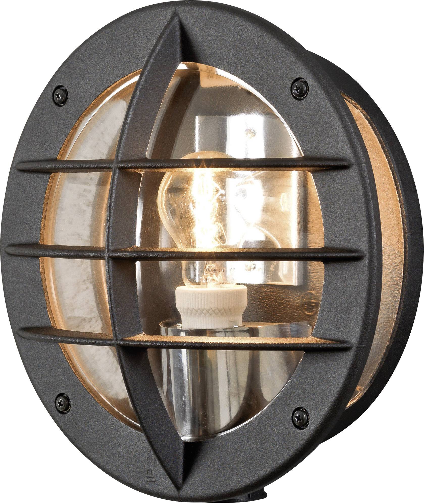 Round wall light with a black mesh guard and visible light bulb. Suitable for industrial or rustic interior design styles.