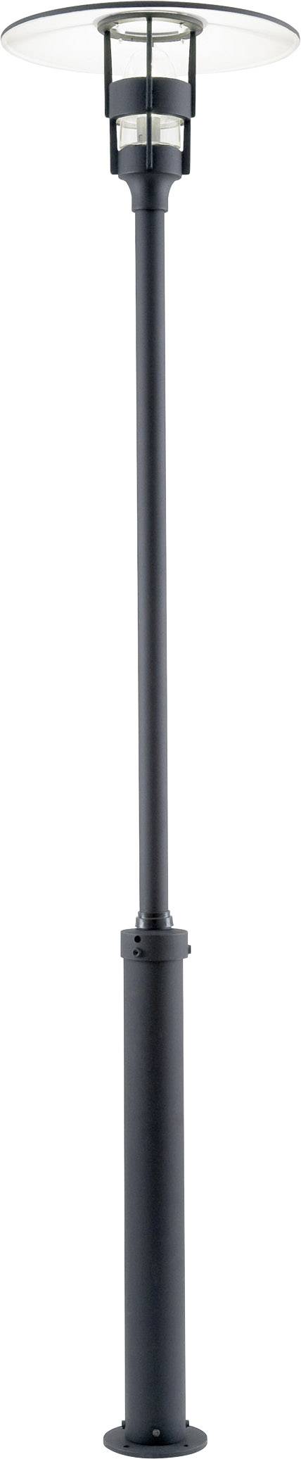 A tall black street lamp with a round lampshade on top.
