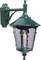 Exterior wall-mounted lantern with an antique design, crafted in green metal. A light bulb glows within the clear glass lampshade.