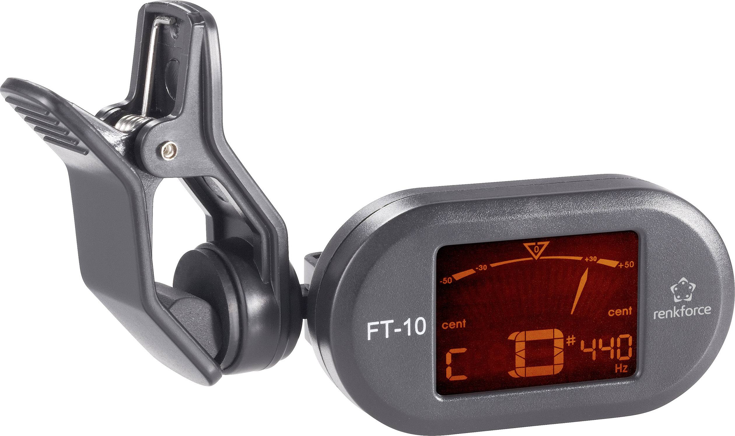 A digital clip-on tuner with a screen displaying the pitch 'C' and frequency '440 Hz'. Ideal for instruments.