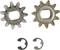 'Two star-shaped gears with oval centres and two C-shaped retaining rings beneath them, on a white background.'