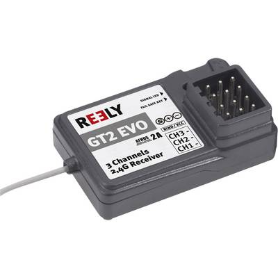 A 'Reely GT2 EVO' receiver with 3 channels, 2.4 GHz support. Includes signal LED and fail-safe function for RC applications.
