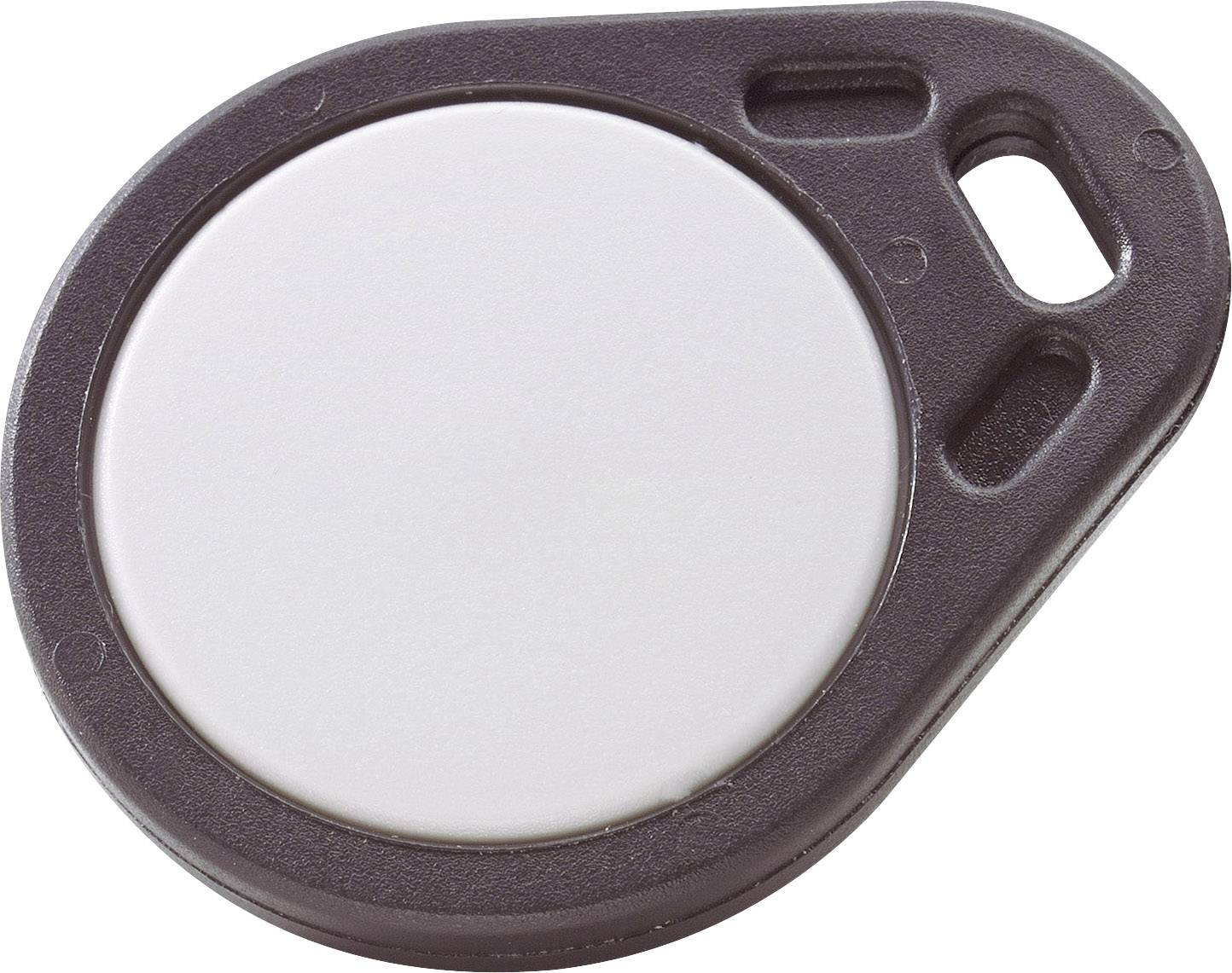A round, flat RFID chip with a plastic casing and a hole, suitable for attaching to key rings.