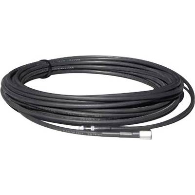 Black coaxial cable, coiled, with metal connectors at both ends, suitable for cable TV or internet connections.