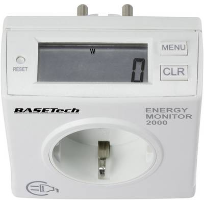 'BASETech Energy Monitor 2000' displays energy consumption in watts. Device with power socket and display, 'MENU' and 'CLR' buttons visible.