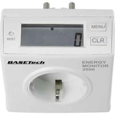An energy consumption metre with a digital display, showing electricity usage in watts. Operating buttons are: 'MENU' and 'CLR'.