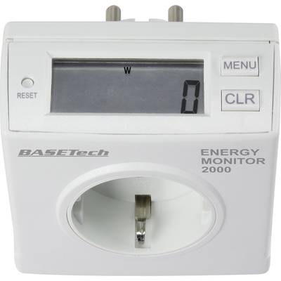 Electronic energy meter with digital display, showing '0 W', buttons labelled 'MENU' and 'CLR', BASETech brand.