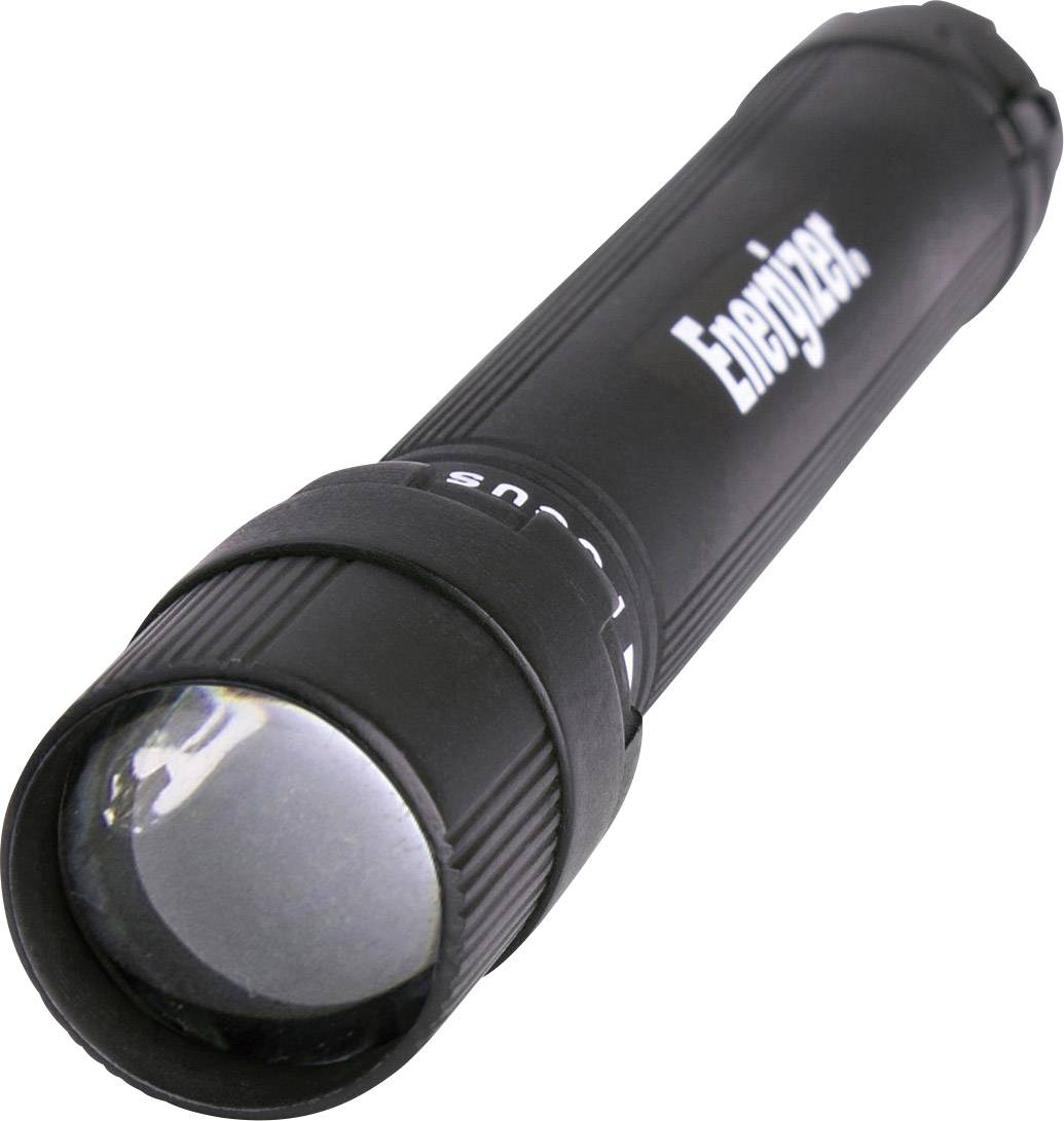 Black Energizer torch with a wide lens and textured grip, resting on a white surface.